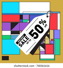 Holiday Sale Memphis Style Poster Design. Fashion and Travel Discount Poster. Vector holiday Abstract Colorful Illustration with Special offer and Promotion.
