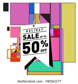 Holiday Sale Memphis Style Poster Design. Fashion and Travel Discount Poster. Vector holiday Abstract Colorful Illustration with Special offer and Promotion.