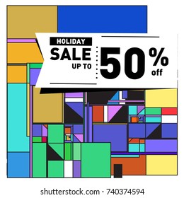 Holiday Sale Memphis Style Poster Design. Fashion and Travel Discount Poster. Vector holiday Abstract Colorful Illustration with Special offer and Promotion.