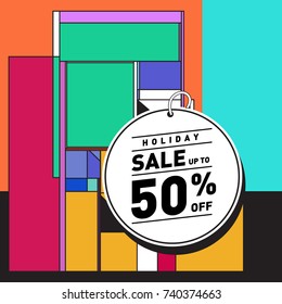 Holiday Sale Memphis Style Poster Design. Fashion and Travel Discount Poster. Vector holiday Abstract Colorful Illustration with Special offer and Promotion.