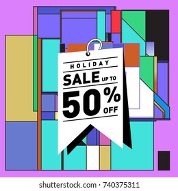 Holiday Sale Memphis Style Poster Design. Fashion and Travel Discount Poster. Vector holiday Abstract Colorful Illustration with Special offer and Promotion.