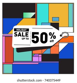 Holiday Sale Memphis Style Poster Design. Fashion and Travel Discount Poster. Vector holiday Abstract Colorful Illustration with Special offer and Promotion.