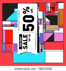 Holiday Sale Memphis Style Poster Design. Fashion and Travel Discount Poster. Vector holiday Abstract Colorful Illustration with Special offer and Promotion.