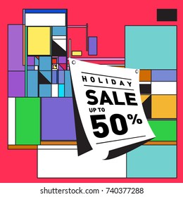 Holiday Sale Memphis Style Poster Design. Fashion and Travel Discount Poster. Vector holiday Abstract Colorful Illustration with Special offer and Promotion.