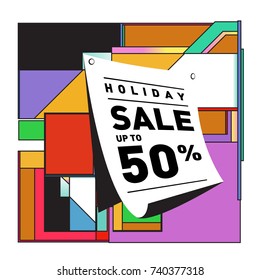 Holiday Sale Memphis Style Poster Design. Fashion and Travel Discount Poster. Vector holiday Abstract Colorful Illustration with Special offer and Promotion.