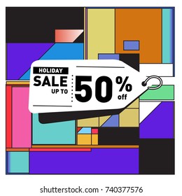 Holiday Sale Memphis Style Poster Design. Fashion and Travel Discount Poster. Vector holiday Abstract Colorful Illustration with Special offer and Promotion.