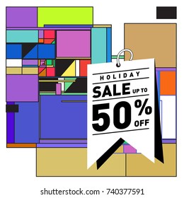 Holiday Sale Memphis Style Poster Design. Fashion and Travel Discount Poster. Vector holiday Abstract Colorful Illustration with Special offer and Promotion.