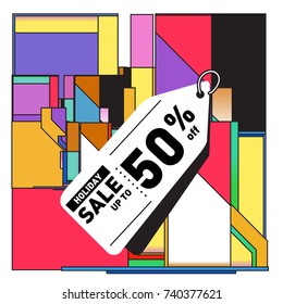 Holiday Sale Memphis Style Poster Design. Fashion and Travel Discount Poster. Vector holiday Abstract Colorful Illustration with Special offer and Promotion.