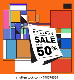 Holiday Sale Memphis Style Poster Design. Fashion and Travel Discount Poster. Vector holiday Abstract Colorful Illustration with Special offer and Promotion.