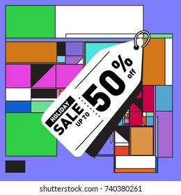 Holiday Sale Memphis Style Poster Design. Fashion and Travel Discount Poster. Vector holiday Abstract Colorful Illustration with Special offer and Promotion.