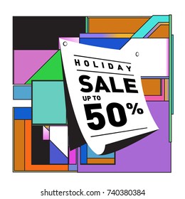 Holiday Sale Memphis Style Poster Design. Fashion and Travel Discount Poster. Vector holiday Abstract Colorful Illustration with Special offer and Promotion.