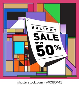 Holiday Sale Memphis Style Poster Design. Fashion and Travel Discount Poster. Vector holiday Abstract Colorful Illustration with Special offer and Promotion.