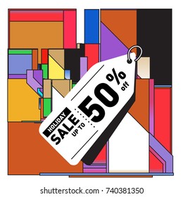 Holiday Sale Memphis Style Poster Design. Fashion and Travel Discount Poster. Vector holiday Abstract Colorful Illustration with Special offer and Promotion.