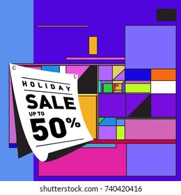 Holiday Sale Memphis Style Poster Design. Fashion and Travel Discount Poster. Vector holiday Abstract Colorful Illustration with Special offer and Promotion.