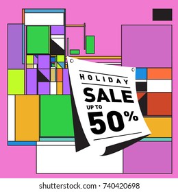 Holiday Sale Memphis Style Poster Design. Fashion and Travel Discount Poster. Vector holiday Abstract Colorful Illustration with Special offer and Promotion.