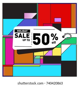 Holiday Sale Memphis Style Poster Design. Fashion and Travel Discount Poster. Vector holiday Abstract Colorful Illustration with Special offer and Promotion.