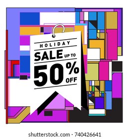 Holiday Sale Memphis Style Poster Design. Fashion and Travel Discount Poster. Vector holiday Abstract Colorful Illustration with Special offer and Promotion.