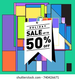 Holiday Sale Memphis Style Poster Design. Fashion and Travel Discount Poster. Vector holiday Abstract Colorful Illustration with Special offer and Promotion.