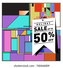 Holiday Sale Memphis Style Poster Design. Fashion and Travel Discount Poster. Vector holiday Abstract Colorful Illustration with Special offer and Promotion.