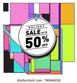Holiday Sale Memphis Style Poster Design. Fashion and Travel Discount Poster. Vector holiday Abstract Colorful Illustration with Special offer and Promotion.