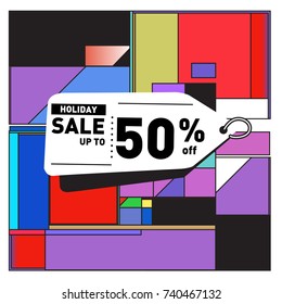 Holiday Sale Memphis Style Poster Design. Fashion and Travel Discount Poster. Vector holiday Abstract Colorful Illustration with Special offer and Promotion.