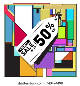 Holiday Sale Memphis Style Poster Design. Fashion and Travel Discount Poster. Vector holiday Abstract Colorful Illustration with Special offer and Promotion.