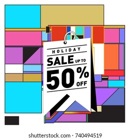 Holiday Sale Memphis Style Poster Design. Fashion and Travel Discount Poster. Vector holiday Abstract Colorful Illustration with Special offer and Promotion.