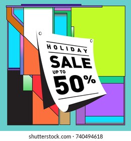 Holiday Sale Memphis Style Poster Design. Fashion and Travel Discount Poster. Vector holiday Abstract Colorful Illustration with Special offer and Promotion.