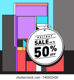 Holiday Sale Memphis Style Poster Design. Fashion and Travel Discount Poster. Vector holiday Abstract Colorful Illustration with Special offer and Promotion.