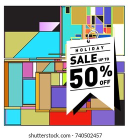Holiday Sale Memphis Style Poster Design. Fashion and Travel Discount Poster. Vector holiday Abstract Colorful Illustration with Special offer and Promotion.