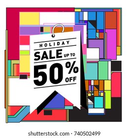 Holiday Sale Memphis Style Poster Design. Fashion and Travel Discount Poster. Vector holiday Abstract Colorful Illustration with Special offer and Promotion.