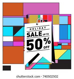 Holiday Sale Memphis Style Poster Design. Fashion and Travel Discount Poster. Vector holiday Abstract Colorful Illustration with Special offer and Promotion.
