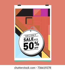 Holiday sale memphis style web banner. Fashion and travel discount poster. Vector Abstract colorful illustration with special offer and promotion.