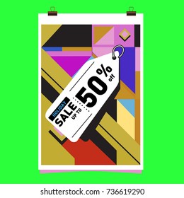 Holiday sale memphis style web banner. Fashion and travel discount poster. Vector Abstract colorful illustration with special offer and promotion.