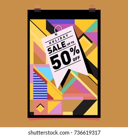 Holiday sale memphis style web banner. Fashion and travel discount poster. Vector Abstract colorful illustration with special offer and promotion.