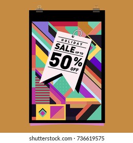 Holiday sale memphis style web banner. Fashion and travel discount poster. Vector Abstract colorful illustration with special offer and promotion.