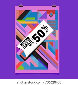 Holiday sale memphis style web banner. Fashion and travel discount poster. Vector Abstract colorful illustration with special offer and promotion.