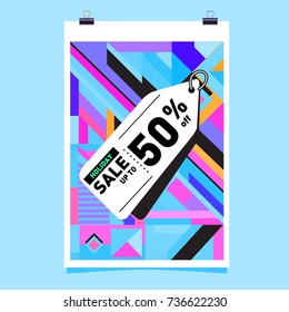 Holiday sale memphis style web banner. Fashion and travel discount poster. Vector Abstract colorful illustration with special offer and promotion.
