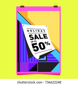 Holiday sale memphis style web banner. Fashion and travel discount poster. Vector Abstract colorful illustration with special offer and promotion.