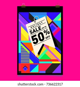Holiday sale memphis style web banner. Fashion and travel discount poster. Vector Abstract colorful illustration with special offer and promotion.