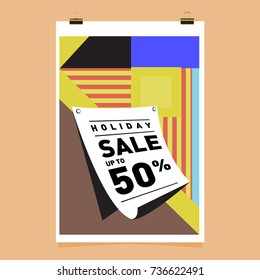 Holiday sale memphis style web banner. Fashion and travel discount poster. Vector Abstract colorful illustration with special offer and promotion.