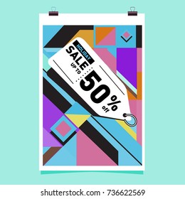 Holiday sale memphis style web banner. Fashion and travel discount poster. Vector Abstract colorful illustration with special offer and promotion.