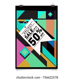 Holiday sale memphis style web banner. Fashion and travel discount poster. Vector Abstract colorful illustration with special offer and promotion.