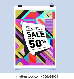 Holiday sale memphis style web banner. Fashion and travel discount poster. Vector Abstract colorful illustration with special offer and promotion.