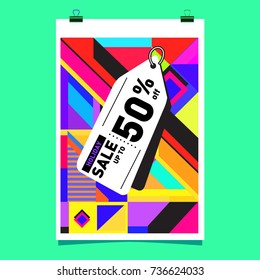 Holiday sale memphis style web banner. Fashion and travel discount poster. Vector Abstract colorful illustration with special offer and promotion.