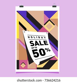 Holiday sale memphis style web banner. Fashion and travel discount poster. Vector Abstract colorful illustration with special offer and promotion.