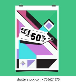 Holiday sale memphis style web banner. Fashion and travel discount poster. Vector Abstract colorful illustration with special offer and promotion.