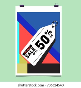 Holiday sale memphis style web banner. Fashion and travel discount poster. Vector Abstract colorful illustration with special offer and promotion.