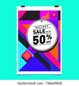 Holiday sale memphis style web banner. Fashion and travel discount poster. Vector Abstract colorful illustration with special offer and promotion.