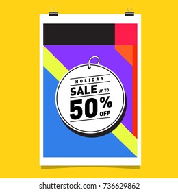 Holiday sale memphis style web banner. Fashion and travel discount poster. Vector Abstract colorful illustration with special offer and promotion.
